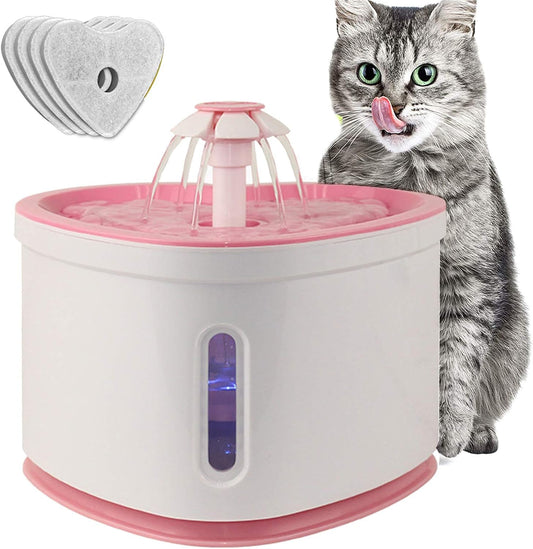 Cat Water Fountain 2L Pet Drinking Fountain,Automatic Cat Puppy Dog Water Dispenser,LED Night Vision Water Level Window, Intelligent Auto Shut Off and Ultra-Quiet Pump, 4 Replacement Filters