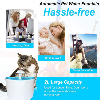 Cat Water Fountain 2L Pet Drinking Fountain,Automatic Cat Puppy Dog Water Dispenser,LED Night Vision Water Level Window, Intelligent Auto Shut Off and Ultra-Quiet Pump, 4 Replacement Filters