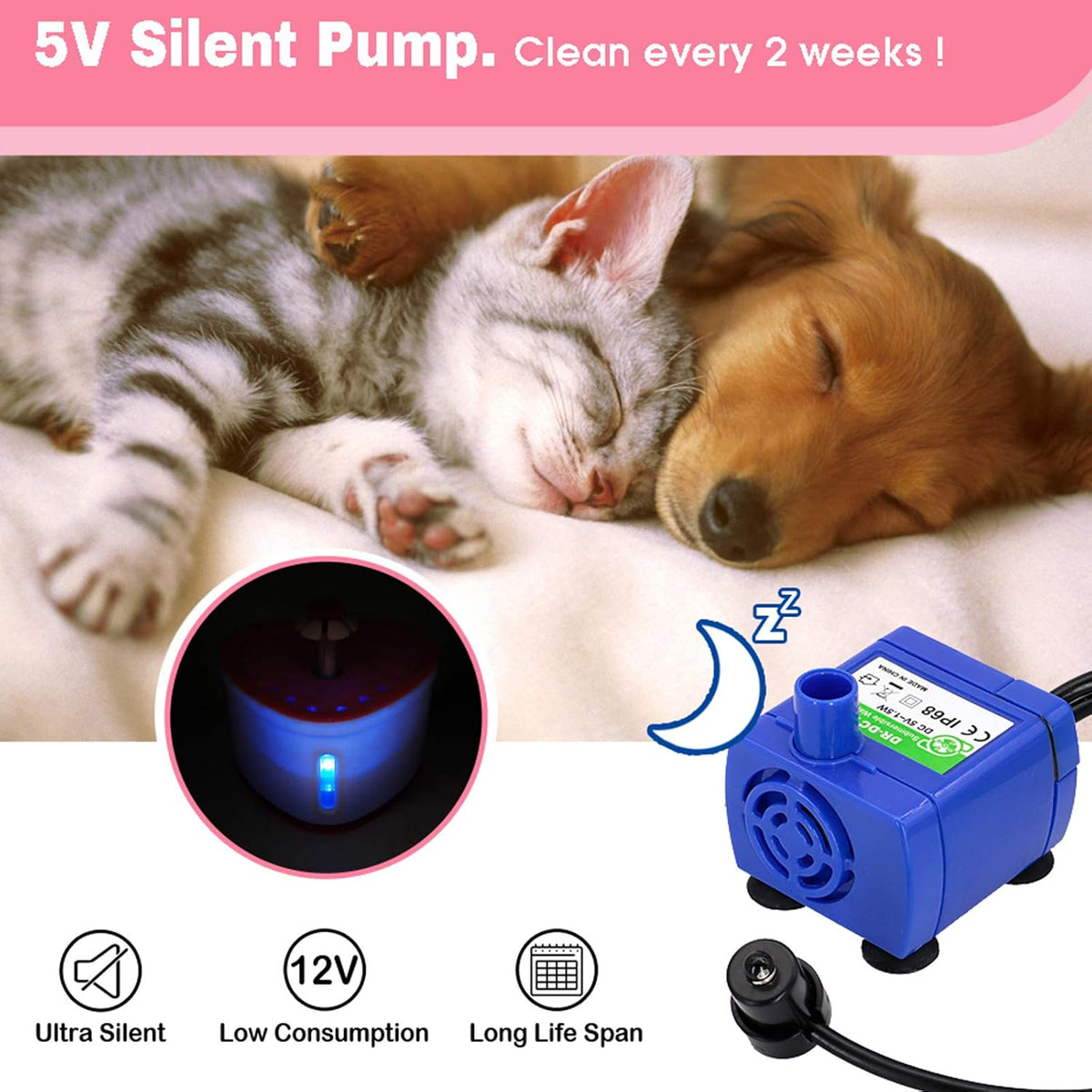 Cat Water Fountain 2L Pet Drinking Fountain,Automatic Cat Puppy Dog Water Dispenser,LED Night Vision Water Level Window, Intelligent Auto Shut Off and Ultra-Quiet Pump, 4 Replacement Filters