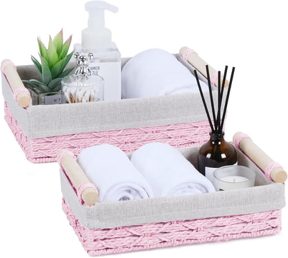 Wicker Storage Basket with Wooden Handle – Paper Rope Decorative Toilet Paper Baskets & Bathroom Organizer for Toilet Tank Top, Shelves, Bedroom, Countertop,Home,Office Storage Bins, 2 Pack,Pink