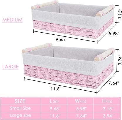 Wicker Storage Basket with Wooden Handle – Paper Rope Decorative Toilet Paper Baskets & Bathroom Organizer for Toilet Tank Top, Shelves, Bedroom, Countertop,Home,Office Storage Bins, 2 Pack,Pink