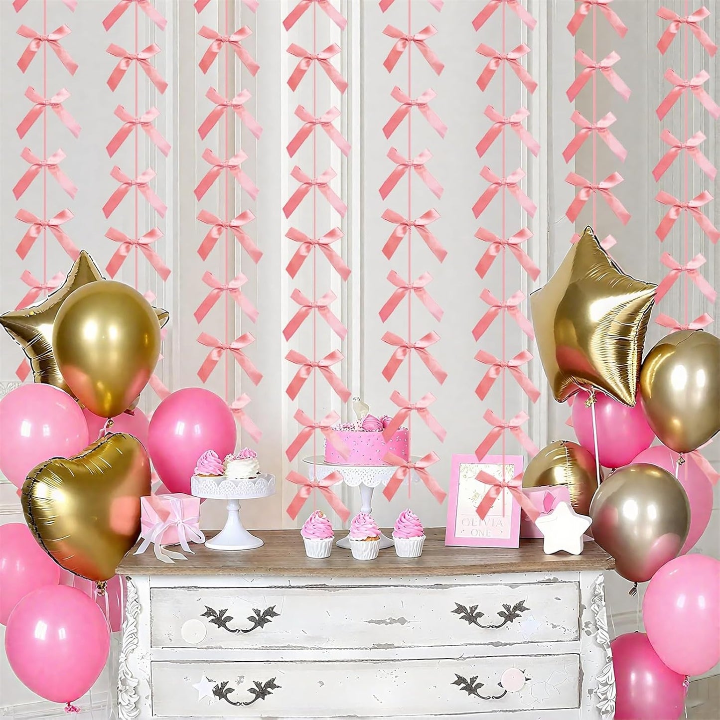 Peach Pink Ribbon Bow Hanging Garland for Baby Shower Pink Bow Party Decorations Girls Bow Birthday Decoration Tying the Knot Bridal Shower Party Room Décor 6pcs