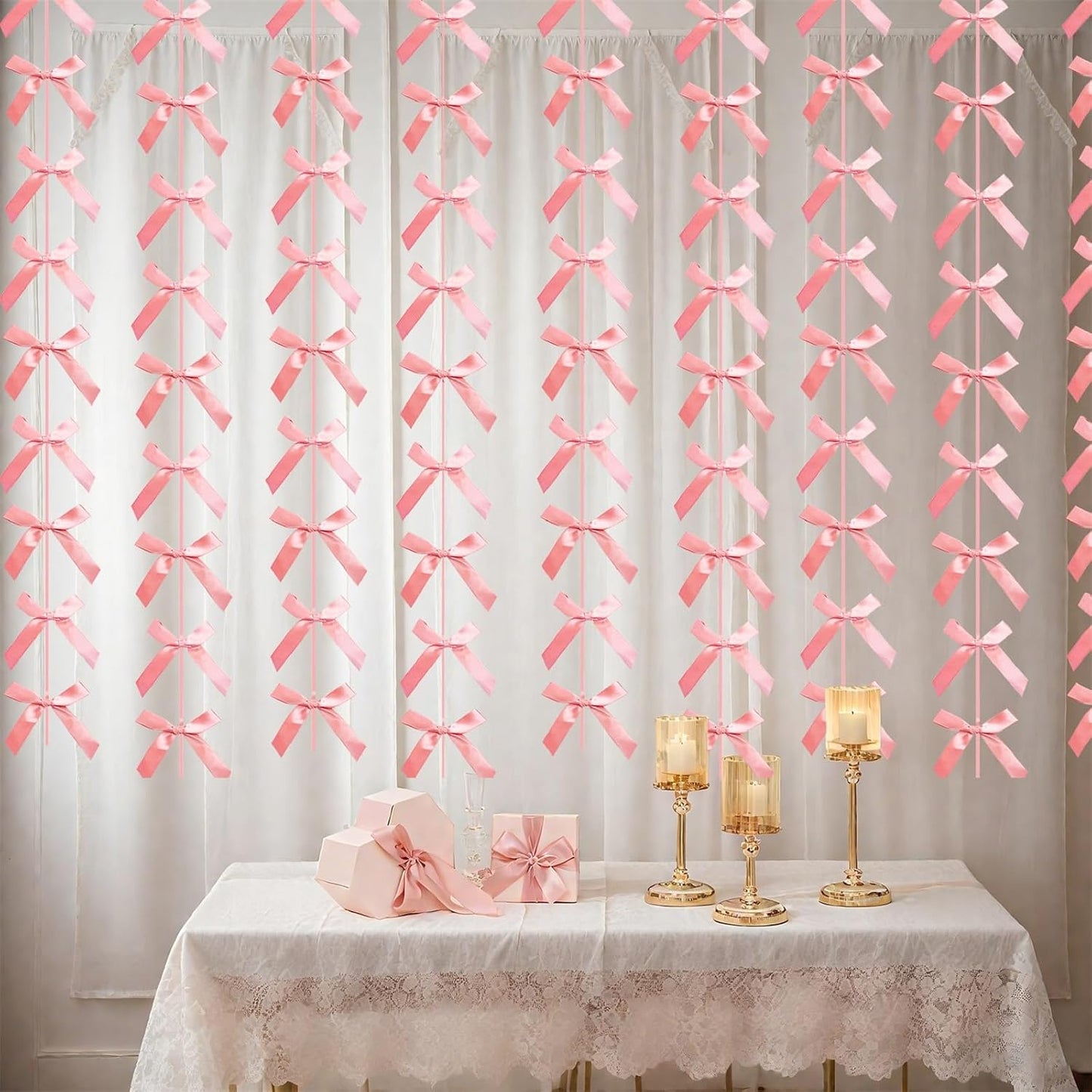 Peach Pink Ribbon Bow Hanging Garland for Baby Shower Pink Bow Party Decorations Girls Bow Birthday Decoration Tying the Knot Bridal Shower Party Room Décor 6pcs