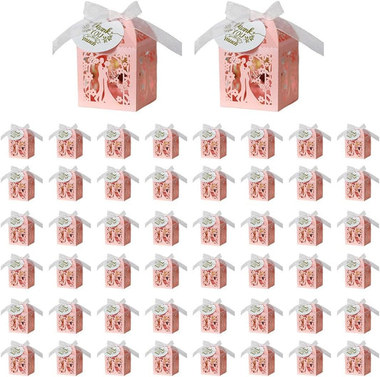 50 Pcs Wedding Favor Candy Boxes with Ribbons & Thank You Tags - Small Favor Box Baptism Party Favor Boxes Hollow Flowers Butterflies Gift Boxes Chocolate Boxes for Bridal Shower Anniverary Birthday