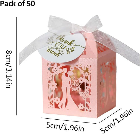 50 Pcs Wedding Favor Candy Boxes with Ribbons & Thank You Tags - Small Favor Box Baptism Party Favor Boxes Hollow Flowers Butterflies Gift Boxes Chocolate Boxes for Bridal Shower Anniverary Birthday