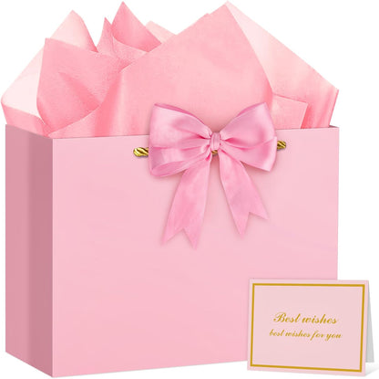Pink Gift Bag Large Birthday Gift Bags with Handles, 1 Ribbon, 4 Tissue Paper, 2 Greeting Cards for Women Girls Anniversary Wedding Baby Shower Valentines Galentines Mothers Day Presents