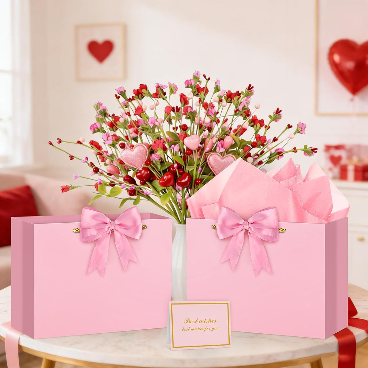 Pink Gift Bag Large Birthday Gift Bags with Handles, 1 Ribbon, 4 Tissue Paper, 2 Greeting Cards for Women Girls Anniversary Wedding Baby Shower Valentines Galentines Mothers Day Presents