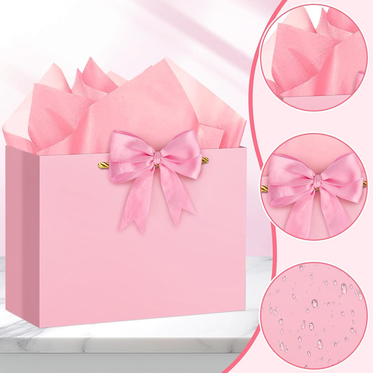 Pink Gift Bag Large Birthday Gift Bags with Handles, 1 Ribbon, 4 Tissue Paper, 2 Greeting Cards for Women Girls Anniversary Wedding Baby Shower Valentines Galentines Mothers Day Presents