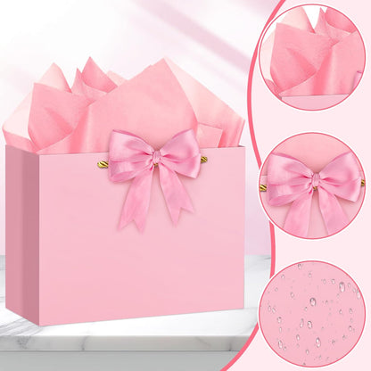 Pink Gift Bag Large Birthday Gift Bags with Handles, 1 Ribbon, 4 Tissue Paper, 2 Greeting Cards for Women Girls Anniversary Wedding Baby Shower Valentines Galentines Mothers Day Presents