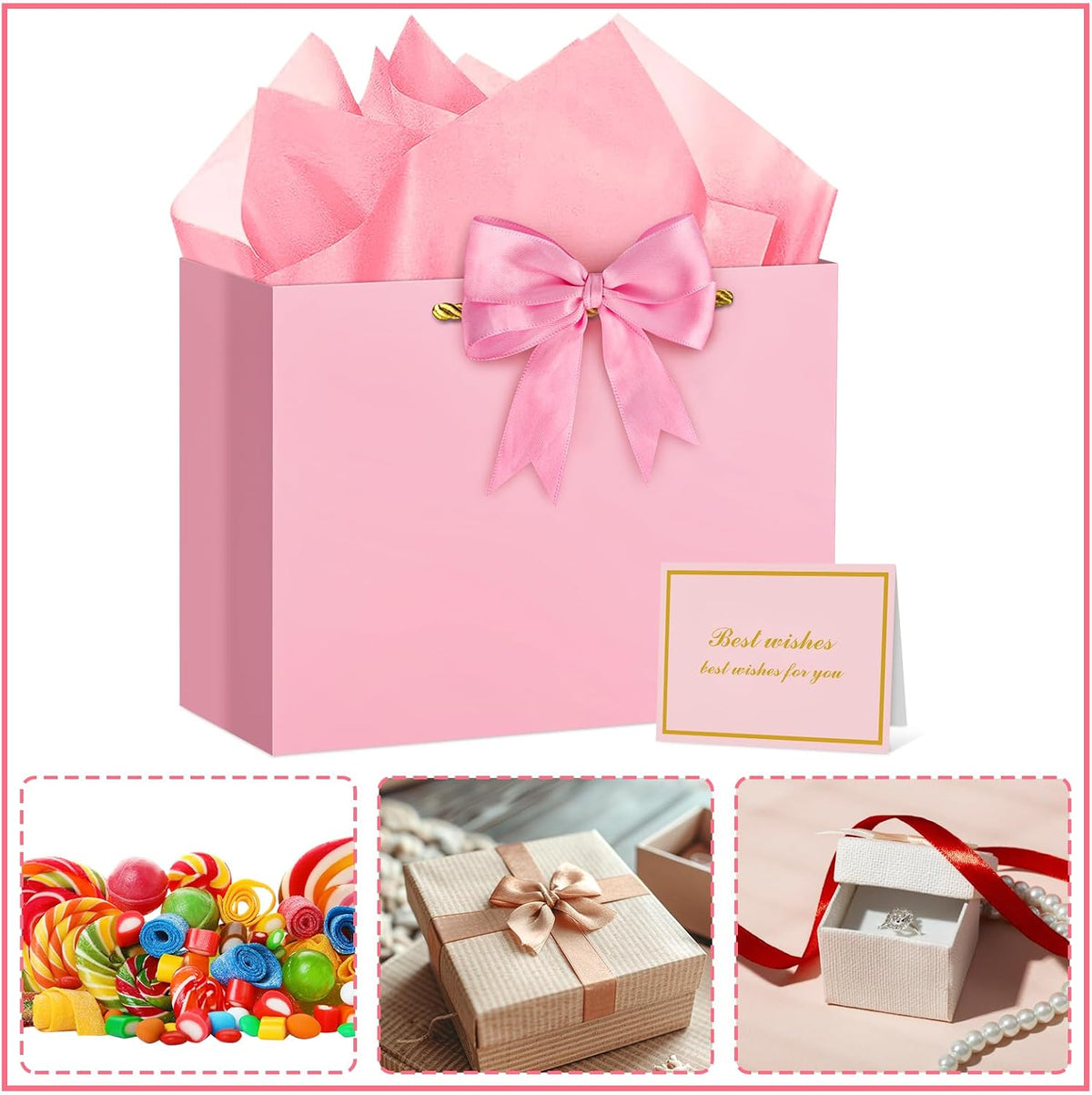 Pink Gift Bag Large Birthday Gift Bags with Handles, 1 Ribbon, 4 Tissue Paper, 2 Greeting Cards for Women Girls Anniversary Wedding Baby Shower Valentines Galentines Mothers Day Presents