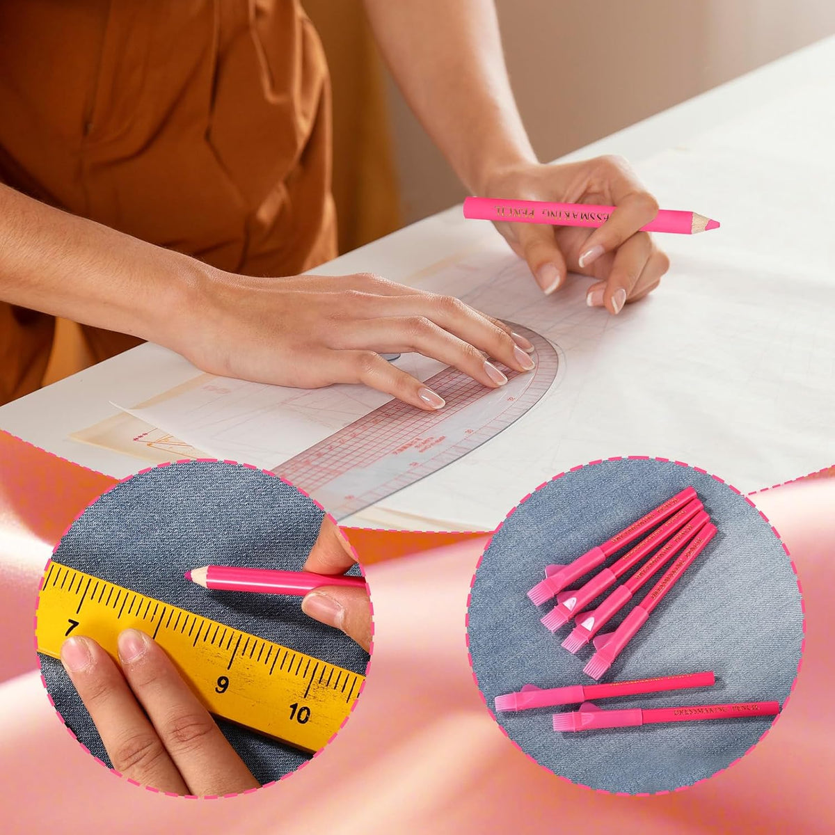 7pcs Fabric Markers for Sewing, Water Soluble Sewing Fabric Pencils with Tip Caps Tailors Chalk Tracing Supplies for Quilting Tailoring Embroidery Dressmakers DIY Crafts (Pink)