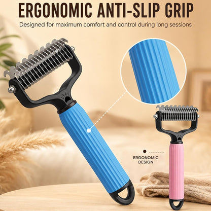 2 Pcs Pet Grooming Brush, Double Sided Undercoat Rake & Dematting Comb for Dogs and Cats, Detangling Tool for Matted Fur, Ideal for Medium or Long Haired Breeds (Blue+Pink, Large)