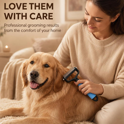 2 Pcs Pet Grooming Brush, Double Sided Undercoat Rake & Dematting Comb for Dogs and Cats, Detangling Tool for Matted Fur, Ideal for Medium or Long Haired Breeds (Blue+Pink, Large)