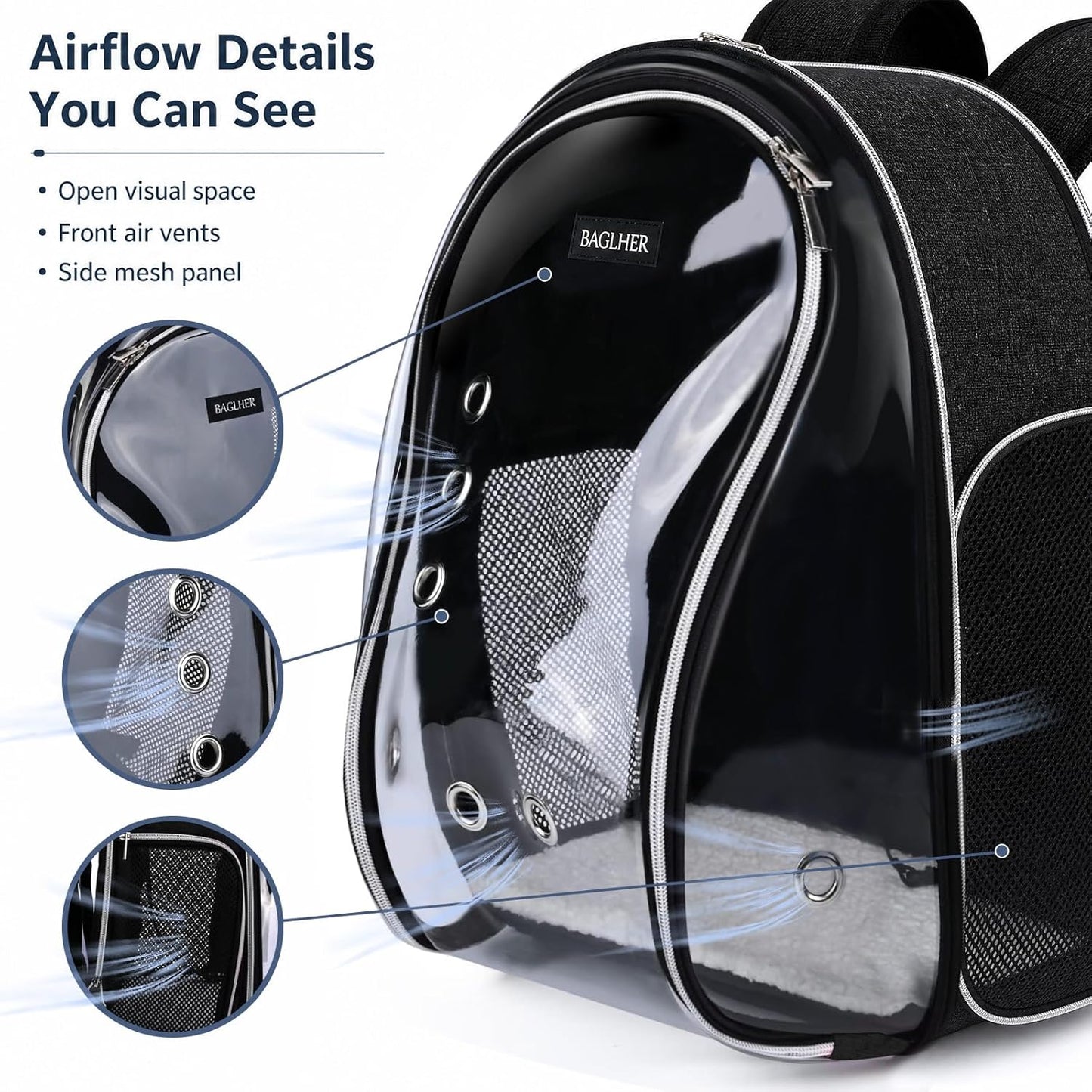 BAGLHER Cat Carrier Backpack Bubble - Fit Up to 18 Lbs - Airline-Approved Dog Backpack Carrier for Small Pets Puppies Dogs Bunny, Space Capsule Dog Carrier Backpack for Travel Outdoor Hiking, Black