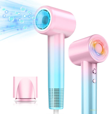 Ionic Hair Dryer 110,000 RPM High Speed, Teen Girls Blow Dryer Professional for Salon Home Use, Portable Blowout Hair Dryers Lightweight with Nozzle Hot & Cold Selection for Women, Pink Blue
