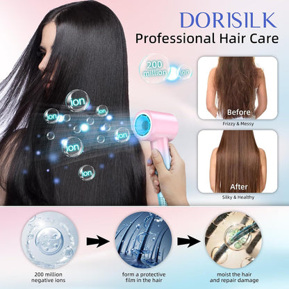 Ionic Hair Dryer 110,000 RPM High Speed, Teen Girls Blow Dryer Professional for Salon Home Use, Portable Blowout Hair Dryers Lightweight with Nozzle Hot & Cold Selection for Women, Pink Blue