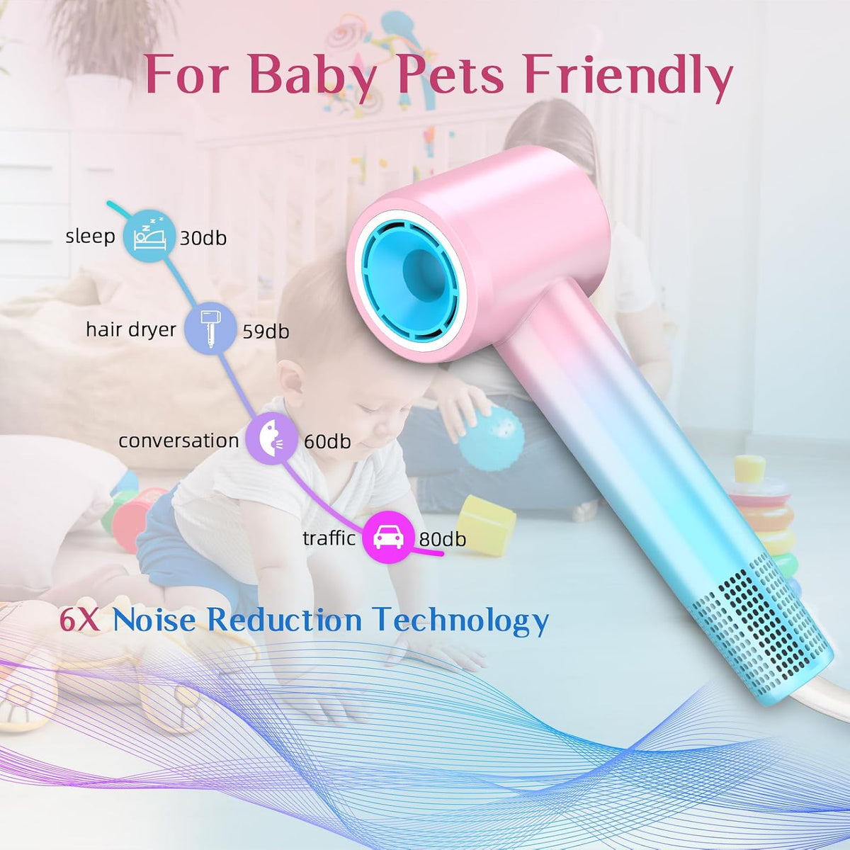 Ionic Hair Dryer 110,000 RPM High Speed, Teen Girls Blow Dryer Professional for Salon Home Use, Portable Blowout Hair Dryers Lightweight with Nozzle Hot & Cold Selection for Women, Pink Blue
