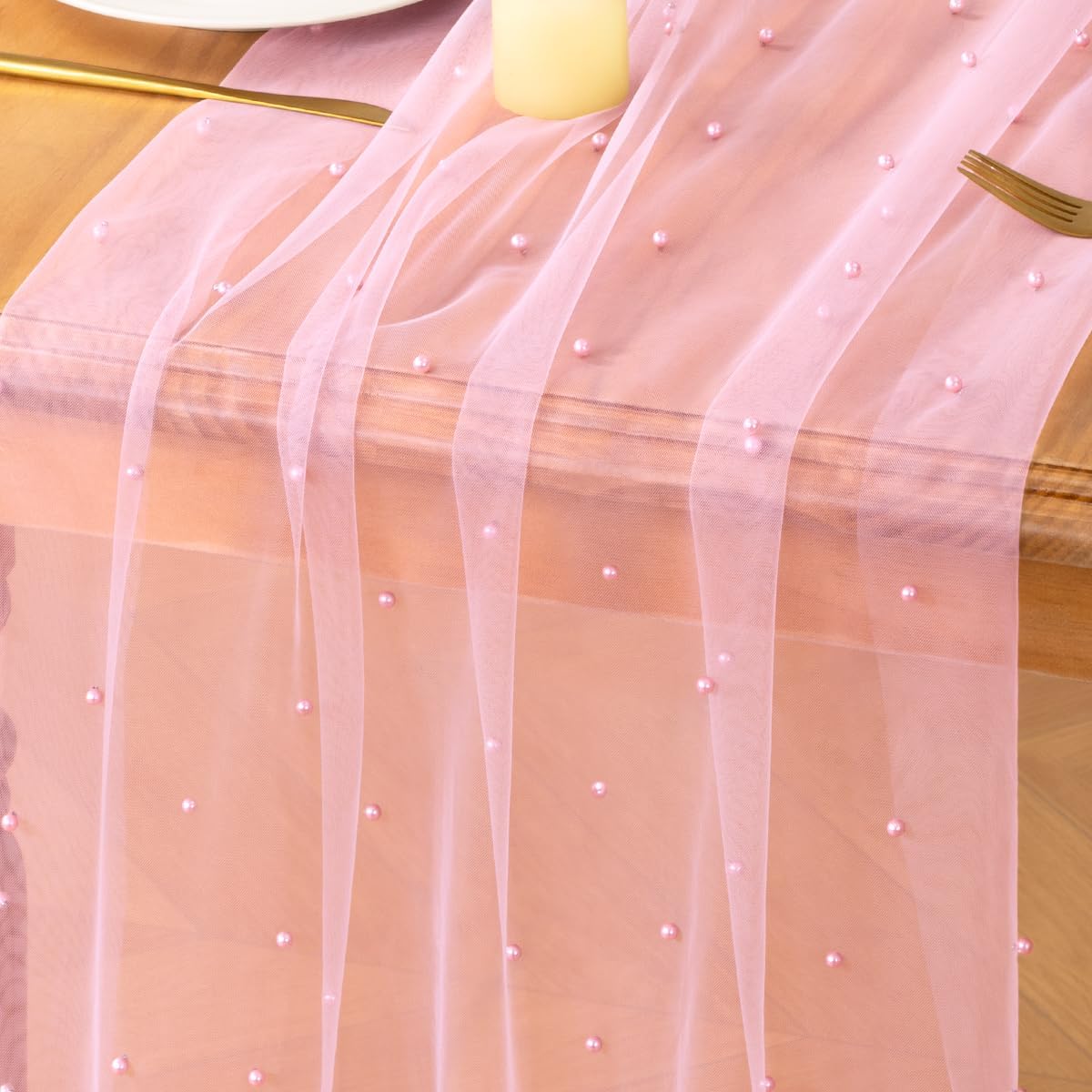 Pink Pearl Table Runner Sheer Tulle Cheesecloth Table Runner 10Ft