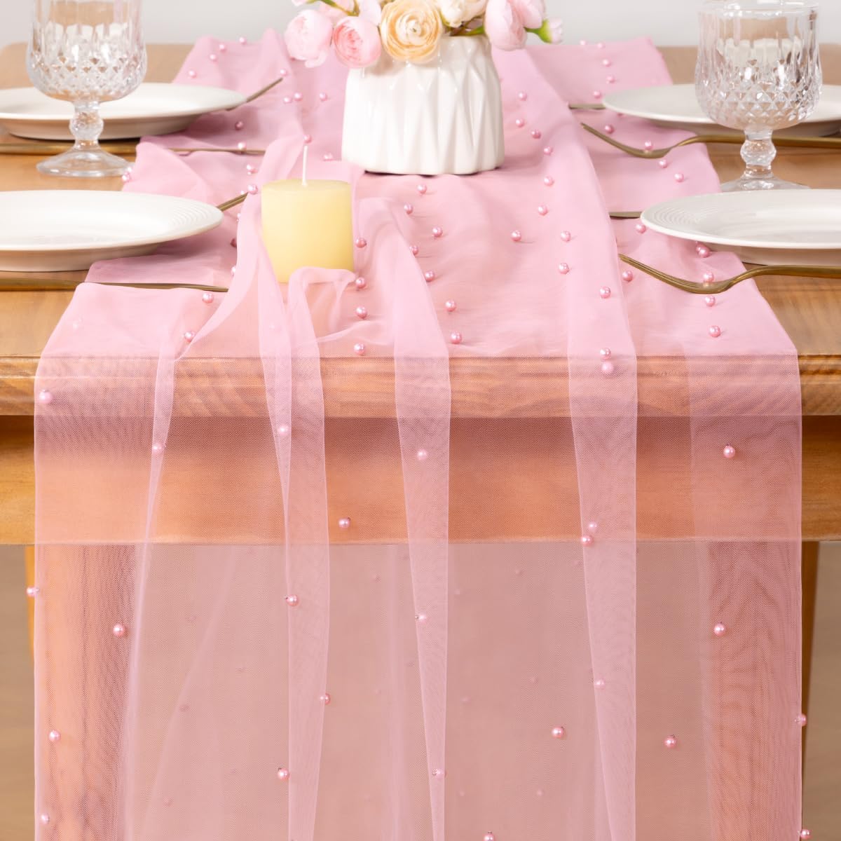 Pink Pearl Table Runner Sheer Tulle Cheesecloth Table Runner 10Ft