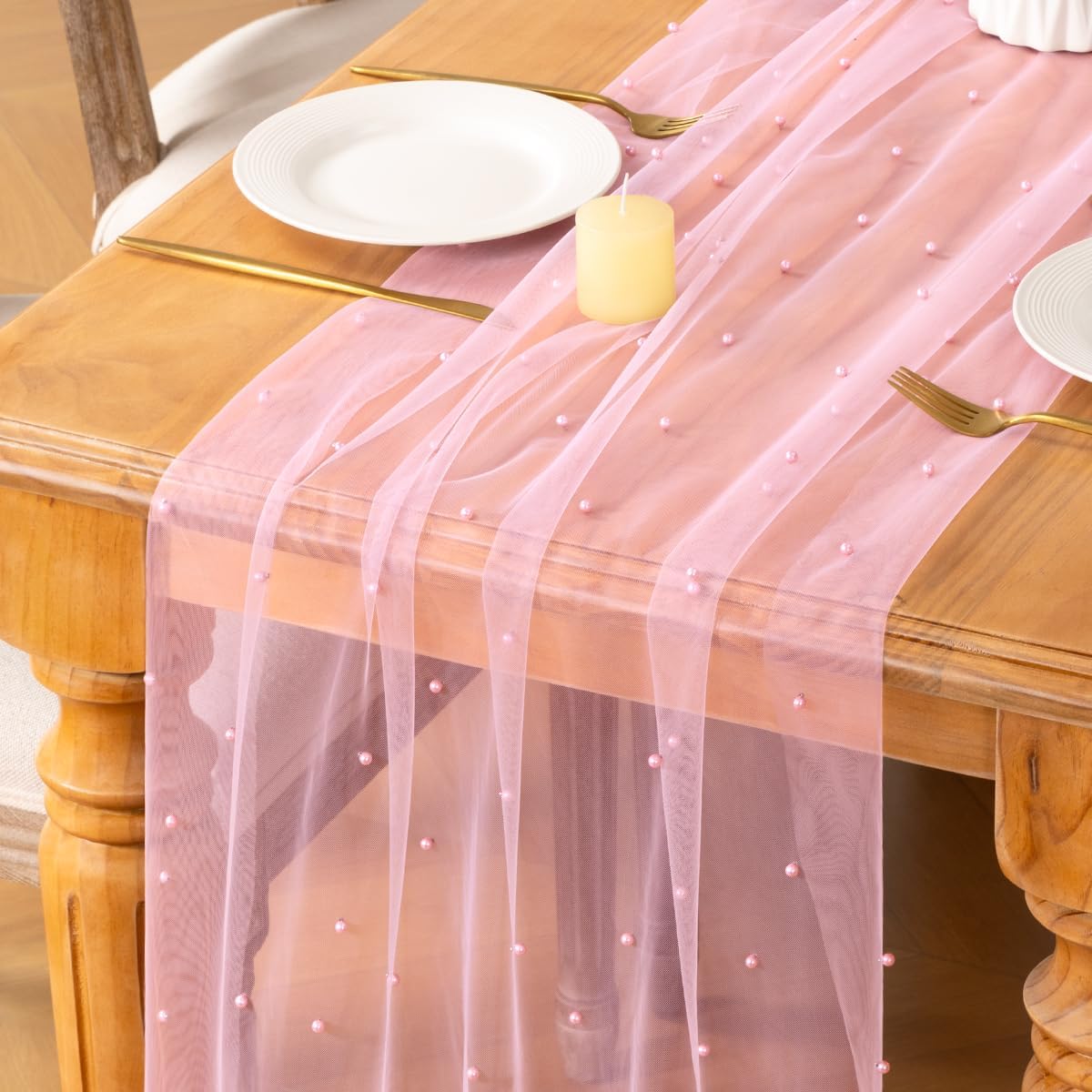 Pink Pearl Table Runner Sheer Tulle Cheesecloth Table Runner 10Ft