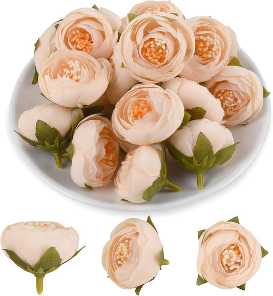 Artificial Peony Flower Heads, Cream White with Peach Center, Silk Fabric with Green Leaves, Decorative Craft Supplies 20PCS