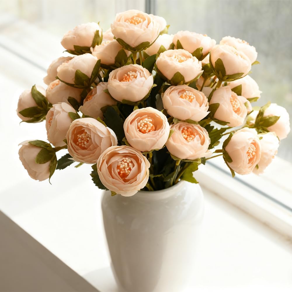 Artificial Peony Flower Heads, Cream White with Peach Center, Silk Fabric with Green Leaves, Decorative Craft Supplies 20PCS