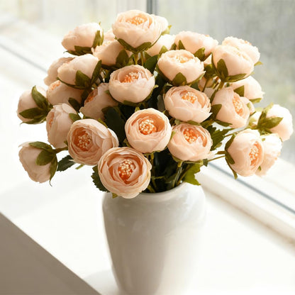 Artificial Peony Flower Heads, Cream White with Peach Center, Silk Fabric with Green Leaves, Decorative Craft Supplies 20PCS