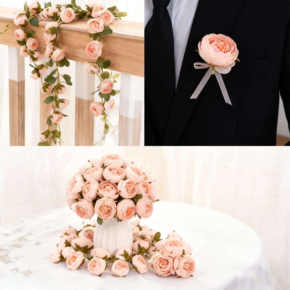 Artificial Peony Flower Heads, Cream White with Peach Center, Silk Fabric with Green Leaves, Decorative Craft Supplies 20PCS