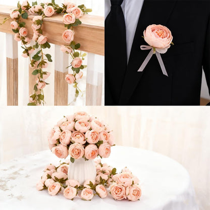 Artificial Peony Flower Heads, Cream White with Peach Center, Silk Fabric with Green Leaves, Decorative Craft Supplies 20PCS