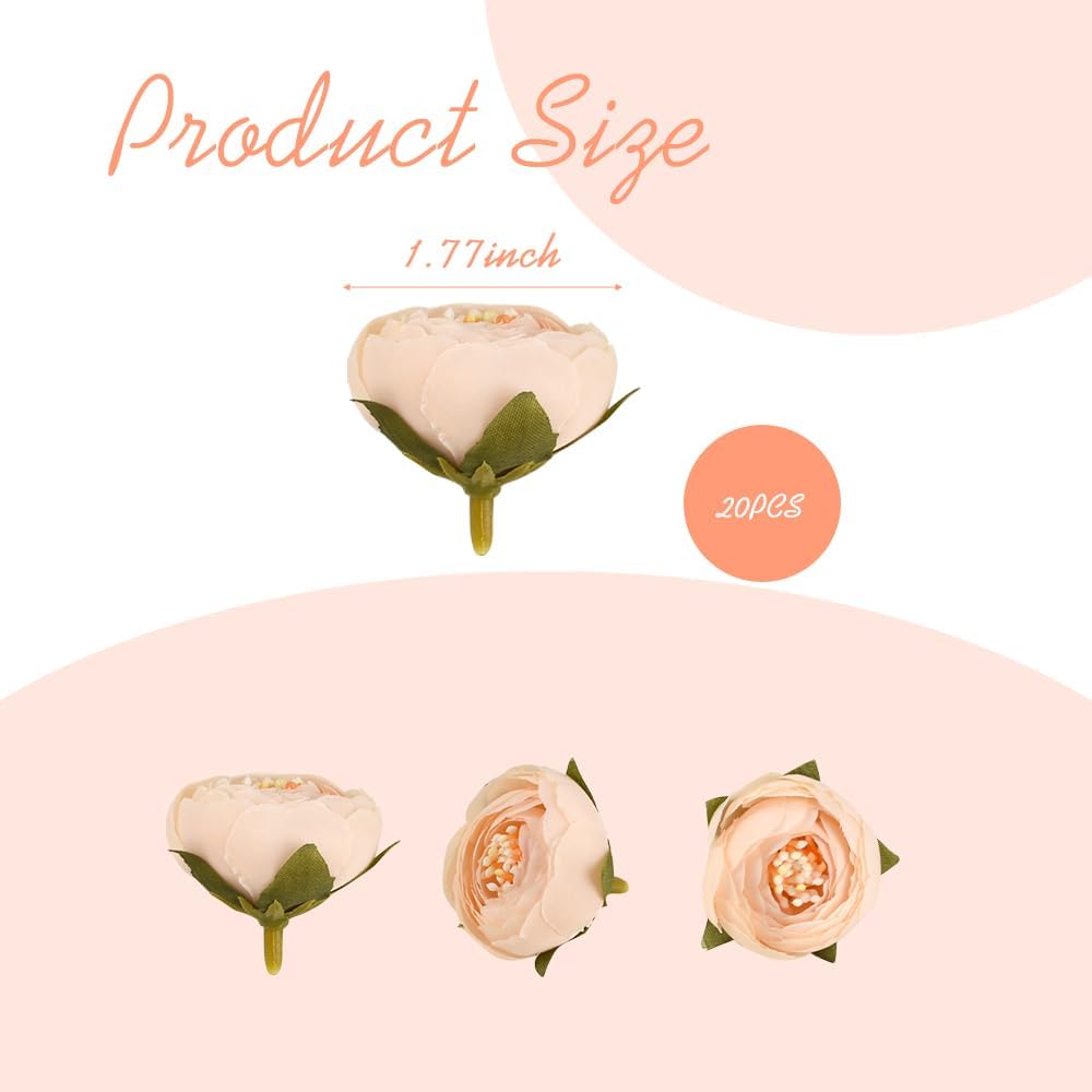 Artificial Peony Flower Heads, Cream White with Peach Center, Silk Fabric with Green Leaves, Decorative Craft Supplies 20PCS