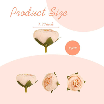 Artificial Peony Flower Heads, Cream White with Peach Center, Silk Fabric with Green Leaves, Decorative Craft Supplies 20PCS