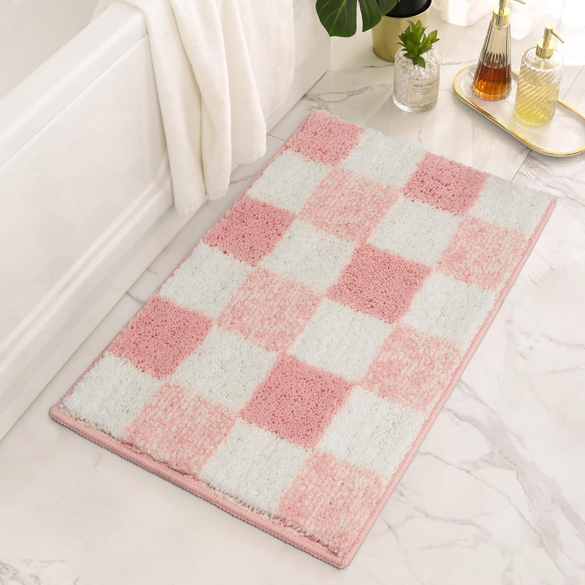 Checkered Pink Bathroom Rug, 24" x 16", Cute Bath Mat