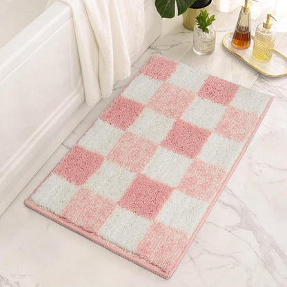 Checkered Pink Bathroom Rug, 24" x 16", Cute Bath Mat