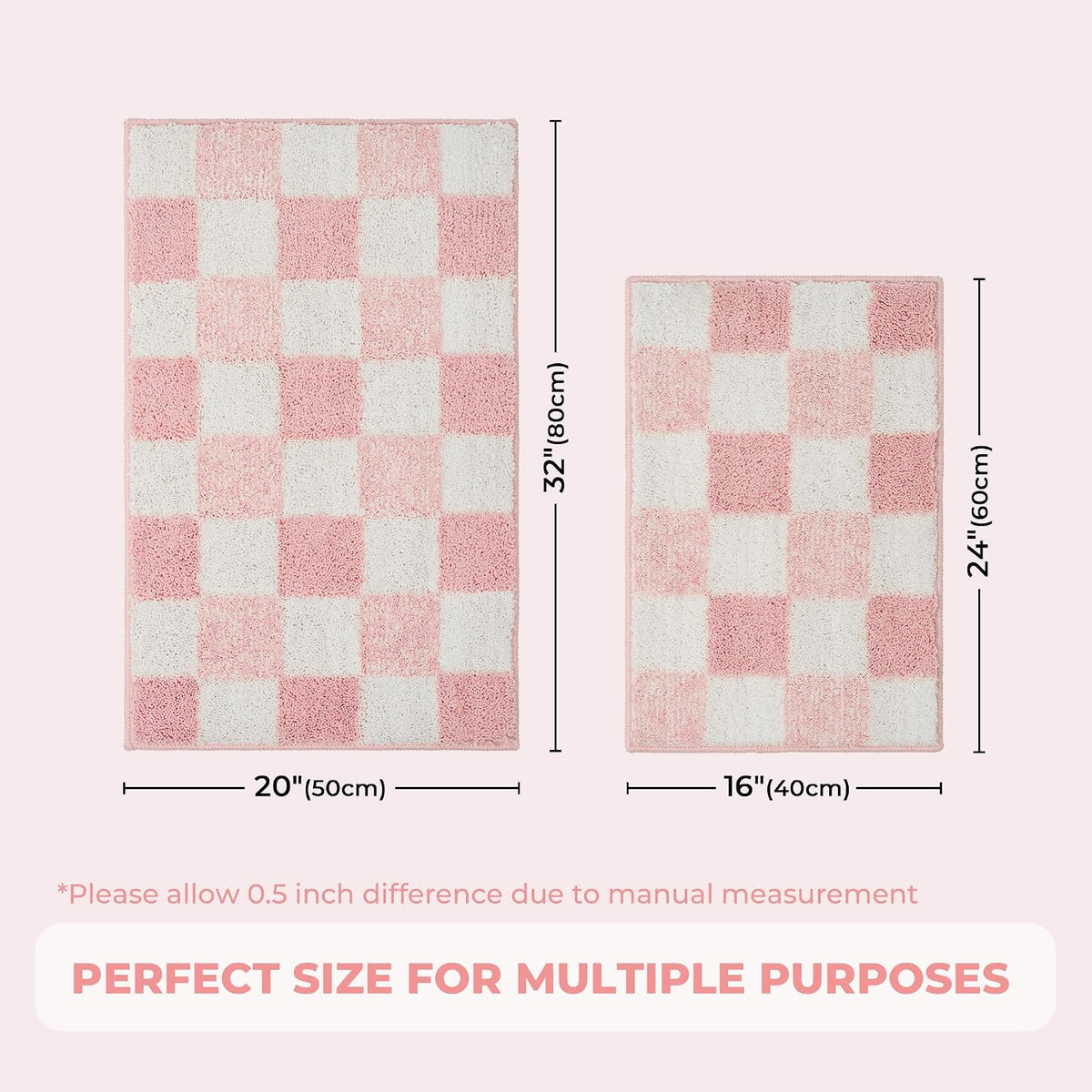 Checkered Pink Bathroom Rug, 24" x 16", Cute Bath Mat