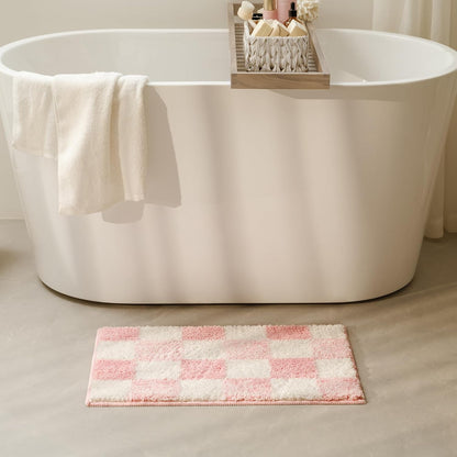 Checkered Pink Bathroom Rug, 24" x 16", Cute Bath Mat