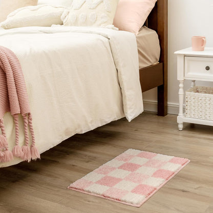 Checkered Pink Bathroom Rug, 24" x 16", Cute Bath Mat