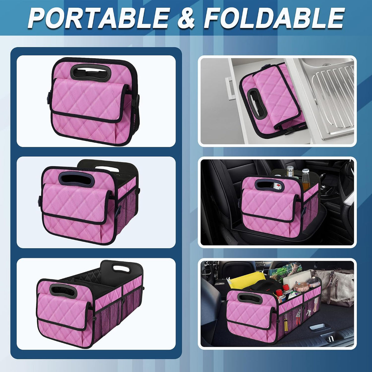 Car Trunk Organizer for SUV, Car Organizers and Storage with Reinforced Handles, Car Accessories for Women/Men 50L Waterproof Polyester Trunk Organizer(Medium,Pink)