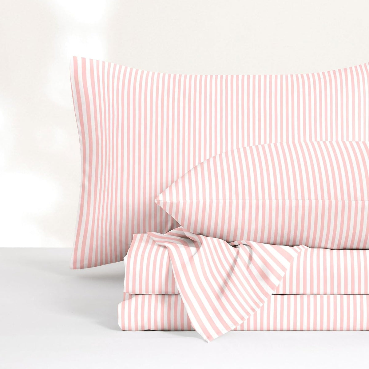 Striped Bed Sheets, 4-Piece Sheet Set, Ticking Vertical Pin Stripe Modern Farmhouse Pattern Printed Bedding, Deep Pocket, Pink White, Queen Size
