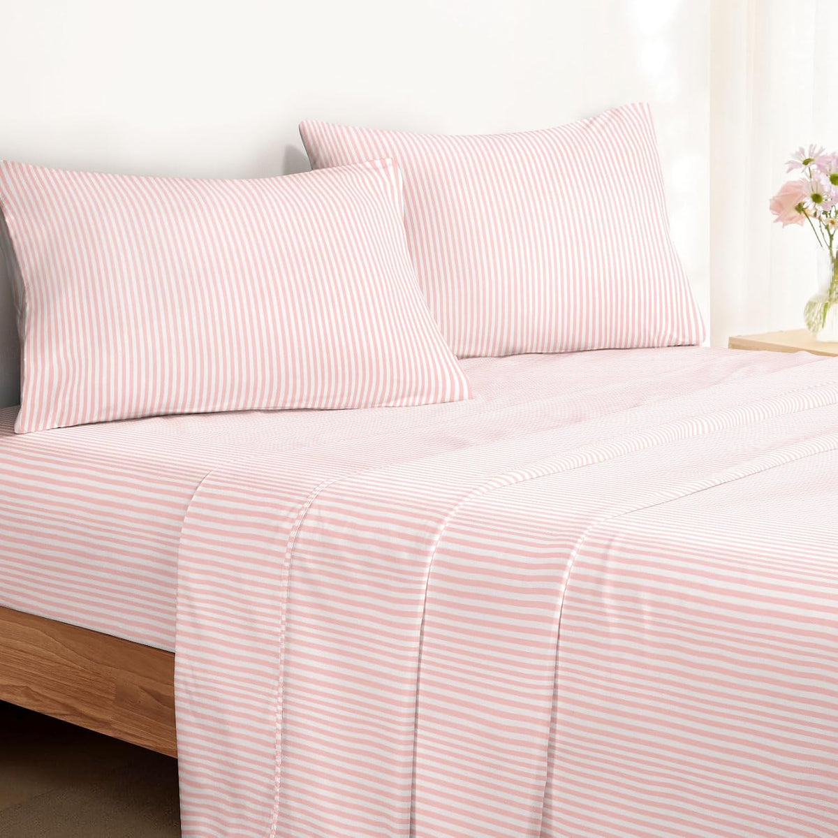 Striped Bed Sheets, 4-Piece Sheet Set, Ticking Vertical Pin Stripe Modern Farmhouse Pattern Printed Bedding, Deep Pocket, Pink White, Queen Size
