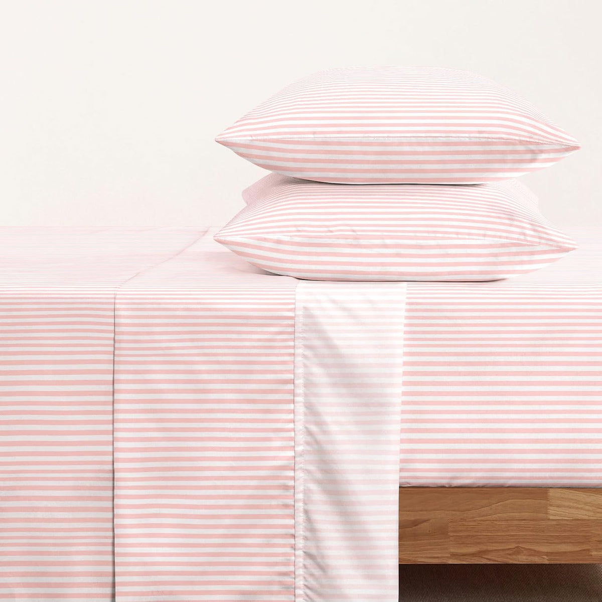 Striped Bed Sheets, 4-Piece Sheet Set, Ticking Vertical Pin Stripe Modern Farmhouse Pattern Printed Bedding, Deep Pocket, Pink White, Queen Size