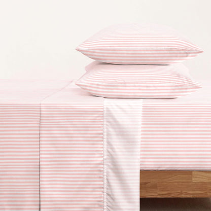 Striped Bed Sheets, 4-Piece Sheet Set, Ticking Vertical Pin Stripe Modern Farmhouse Pattern Printed Bedding, Deep Pocket, Pink White, Queen Size