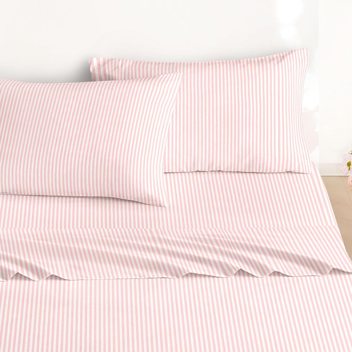 Striped Bed Sheets, 4-Piece Sheet Set, Ticking Vertical Pin Stripe Modern Farmhouse Pattern Printed Bedding, Deep Pocket, Pink White, Queen Size