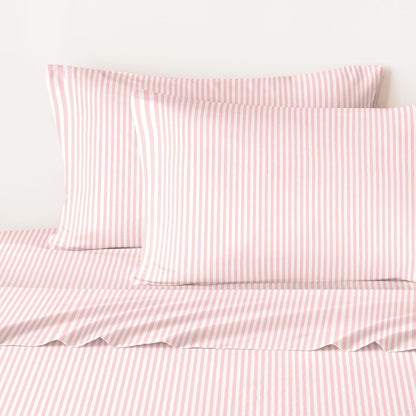 Striped Bed Sheets, 4-Piece Sheet Set, Ticking Vertical Pin Stripe Modern Farmhouse Pattern Printed Bedding, Deep Pocket, Pink White, Queen Size