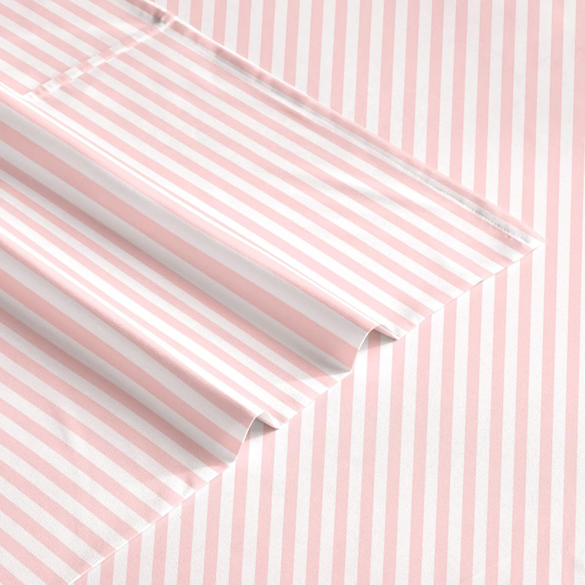 Striped Bed Sheets, 4-Piece Sheet Set, Ticking Vertical Pin Stripe Modern Farmhouse Pattern Printed Bedding, Deep Pocket, Pink White, Queen Size