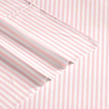 Striped Bed Sheets, 4-Piece Sheet Set, Ticking Vertical Pin Stripe Modern Farmhouse Pattern Printed Bedding, Deep Pocket, Pink White, Queen Size