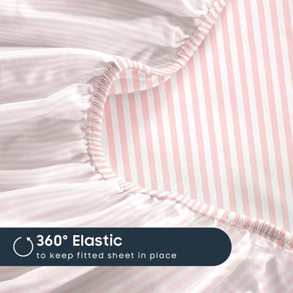 Striped Bed Sheets, 4-Piece Sheet Set, Ticking Vertical Pin Stripe Modern Farmhouse Pattern Printed Bedding, Deep Pocket, Pink White, Queen Size
