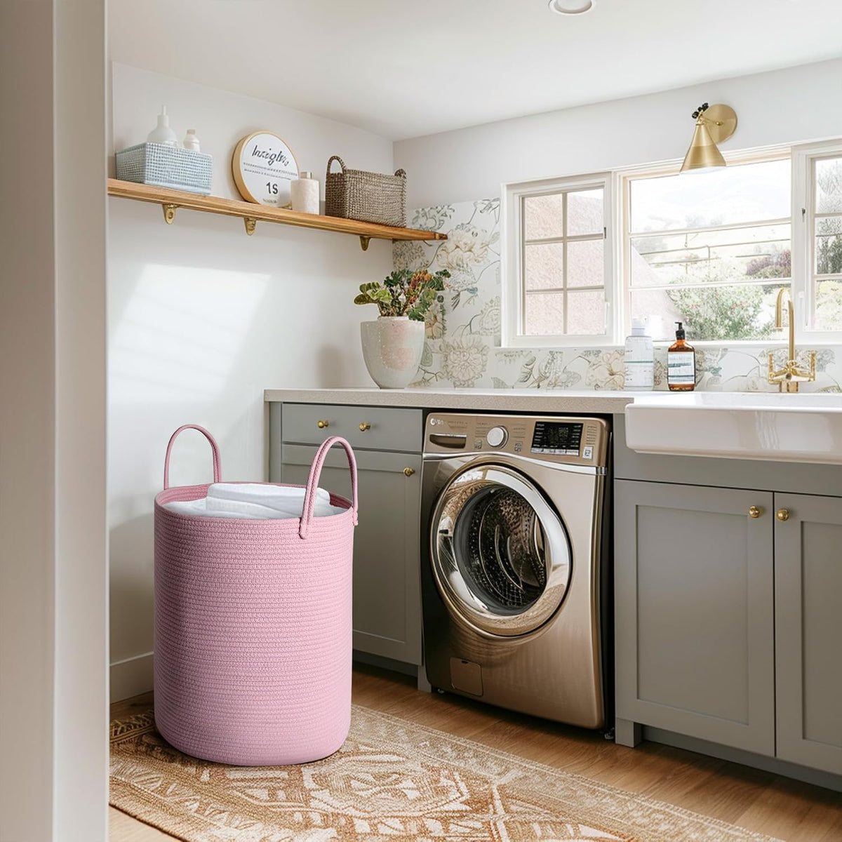 Large Pink Laundry Basket, 15"x18" Tall Blanket Storage for Living Room, Woven Cotton Rope Laundry Hamper for Girls Baby, Pink Room Decor Aesthetic, Decorative Clothes Hamper for Towels Toys