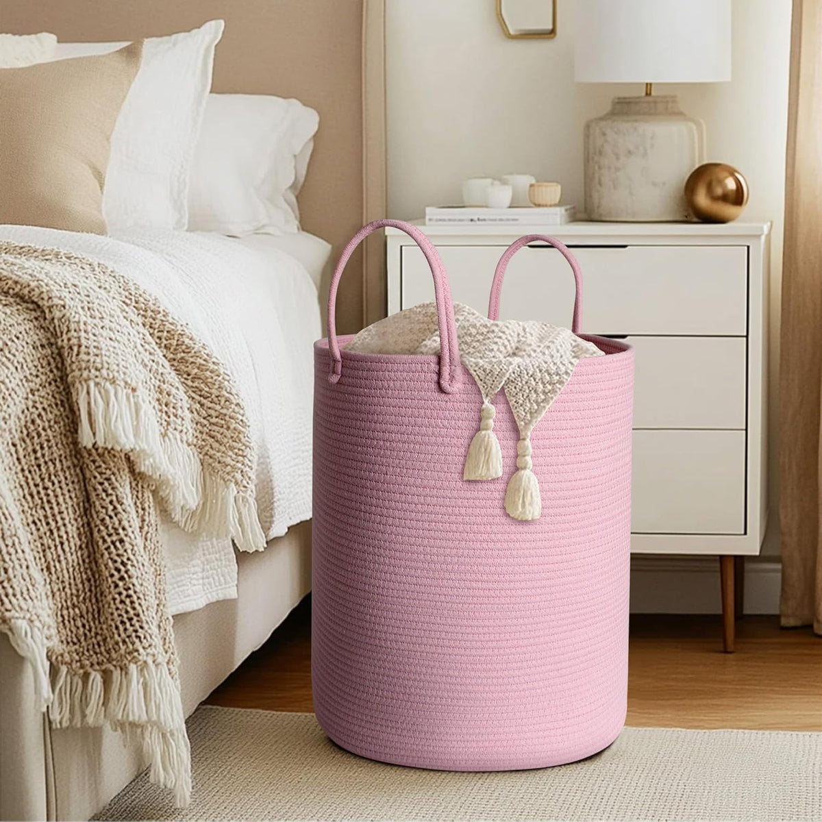Large Pink Laundry Basket, 15"x18" Tall Blanket Storage for Living Room, Woven Cotton Rope Laundry Hamper for Girls Baby, Pink Room Decor Aesthetic, Decorative Clothes Hamper for Towels Toys