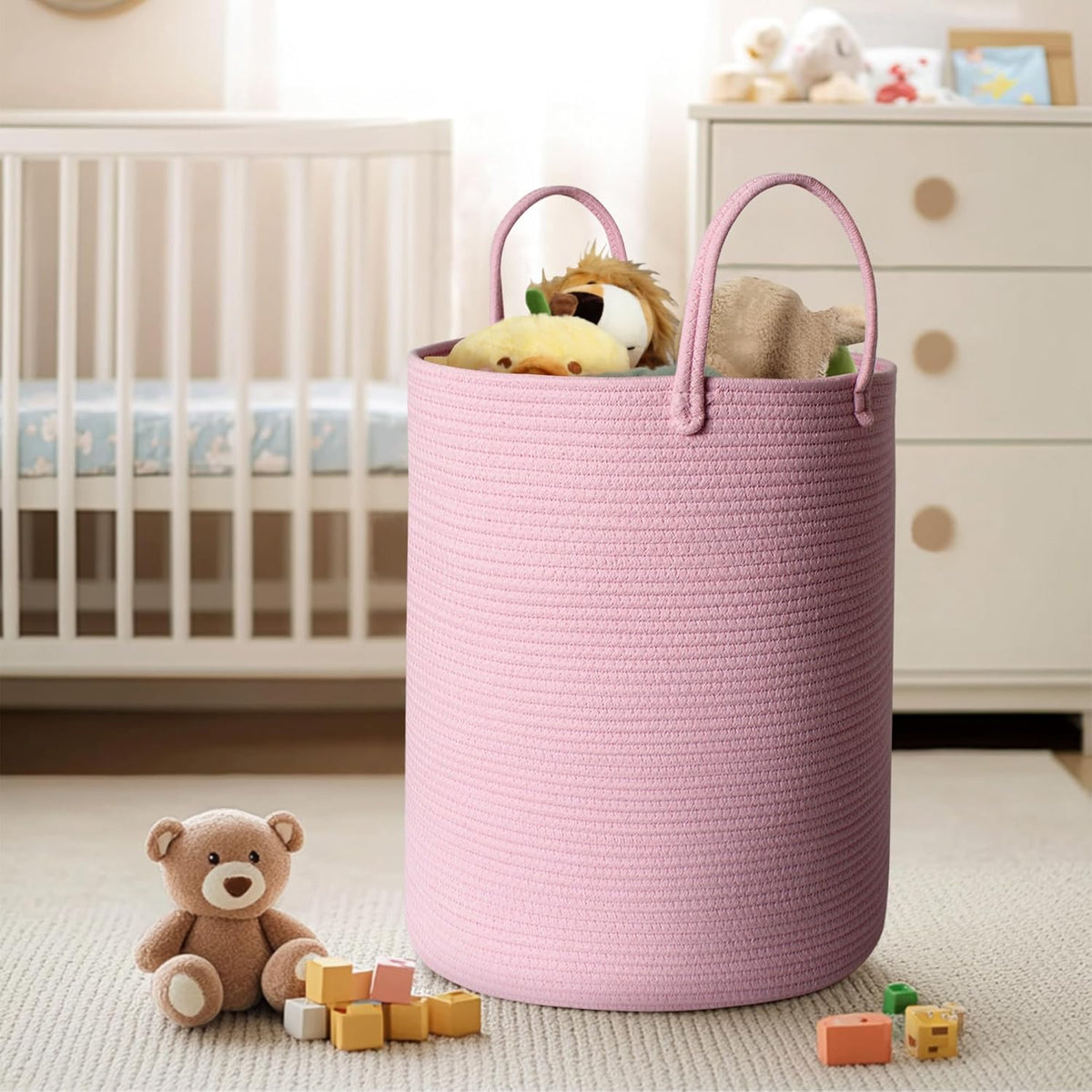 Large Pink Laundry Basket, 15"x18" Tall Blanket Storage for Living Room, Woven Cotton Rope Laundry Hamper for Girls Baby, Pink Room Decor Aesthetic, Decorative Clothes Hamper for Towels Toys