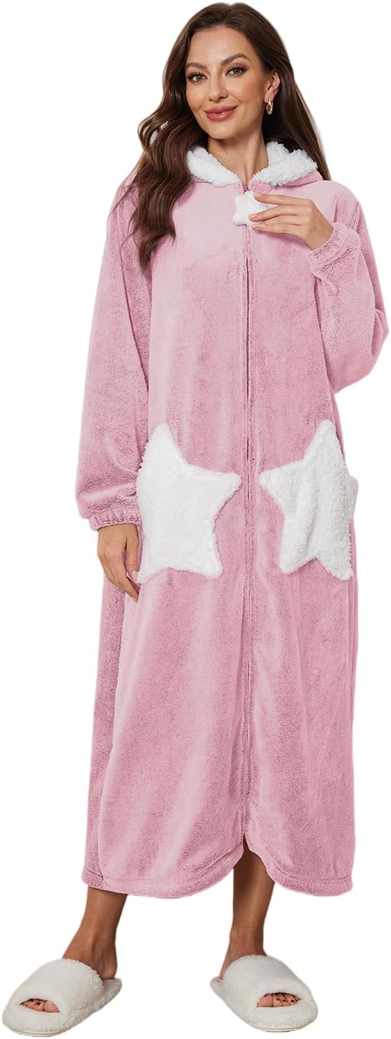 Women's Zip Plush Robe, Star Embroidery Lounge Robe with Pockets